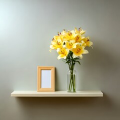 Vase of yellow flowers sits on a shelf next to a picture frame. The flowers are yellow and white. The frame is wooden