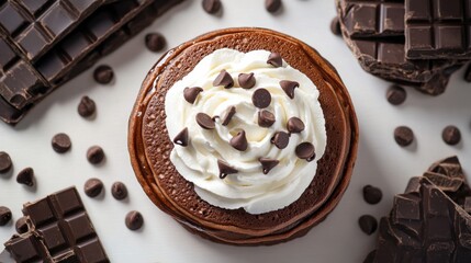 Top view chocolate pancakes with whipped cream and chocolate chips on white background