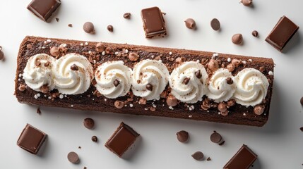 Top view chocolate swiss roll cake with whipped cream on white background