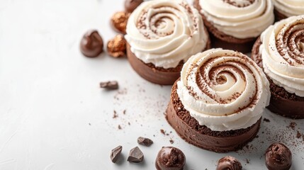 Top view chocolate swiss roll cake with whipped cream on white background