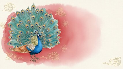 A vibrant watercolor illustration of a majestic peacock with fanned feathers, symbolizing good fortune and prosperity for a happy chinese new year celebration