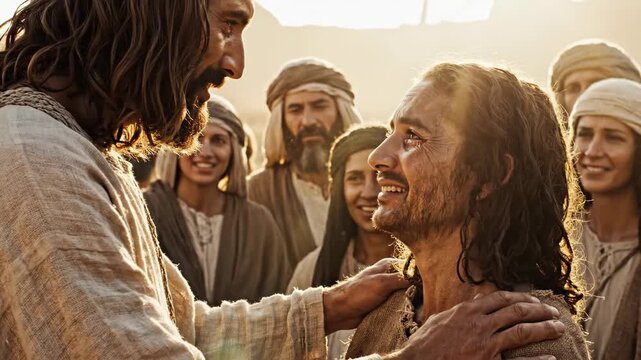 Jesus healing an ailing man with hand on his shoulder in a crowd of people at sunset, religious mercy and compassion