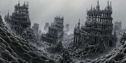 Science fiction background with alien planet abandoned architecture black and white fantasy dystopia landscape.