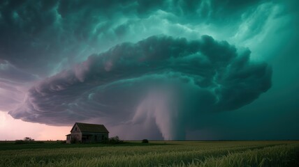 Dramatic supercell thunderstorm over rural farmhouse with turquoise rotating clouds tornado funnel and intense prairie landscape sky