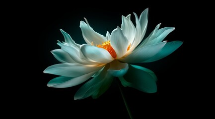 White flower with a yellow center is the main focus of the image. The flower is surrounded by a dark background