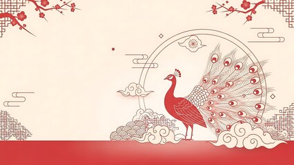 Happy Chinese New Year Elegant illustration with majestic red peacock, cherry blossoms, and auspicious clouds, symbolizing prosperity and good fortune for festive design