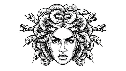 Powerful Gorgon Medusa's Head Featuring Intricate Snake Hair Illustration © Husmath