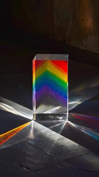 A clear, rectangular prism refracts light, creating a vibrant rainbow on a reflective surface