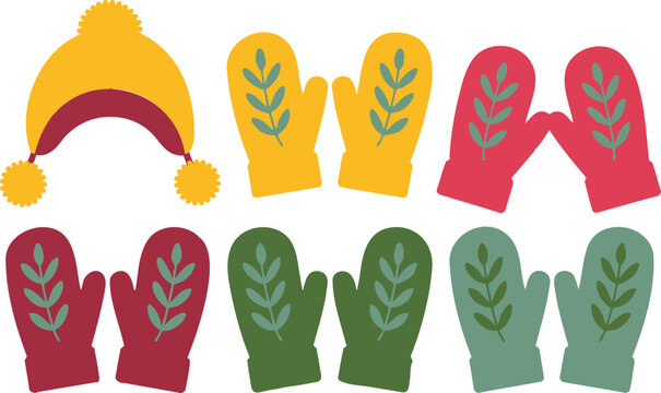 Colorful mittens and hat with wheat design on a white background