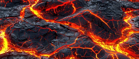 Black rock with fiery magma cracks texture, hot fire and burning lava on basalt rock burning surface.
