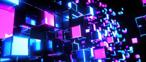 Abstract structure purple blue neon glowing cubes on black wallpaper visual sci-fi dimension.