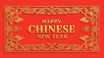 Happy Chinese New Year festive banner with traditional golden oriental patterns on a vibrant red background, wishing good fortune and prosperity