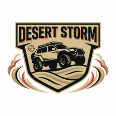Desert Storm SUV shield with sweeping dune trails, rugged overland badge logo, adventurous rally vector for travel clubs, apparel and signage