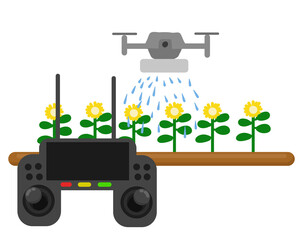 Agriculture Drone Spraying Water or Fertilizer on Sunflowers