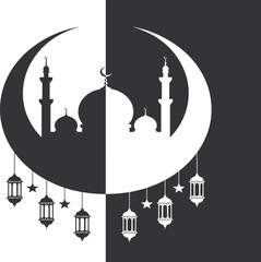 Elegant crescent moon with mosque silhouette and lanterns