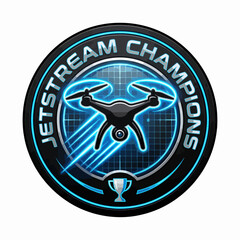 Jetstream Champions drone racing emblem with radar grid and glowing ring, modern FPV badge vector for pilots, leagues, clubs and merchandise