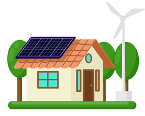 Sustainable Home with Solar Panel and Wind Turbine