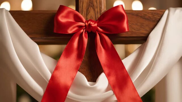 Wooden cross adorned with white draped fabric and a red satin bow for religious celebration or Easter decoration.