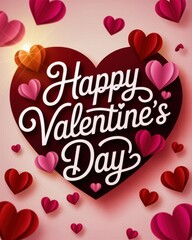 Happy Valentines Day Card with Large Heart and Surrounding Hearts Design