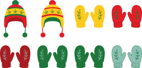 Colorful knitted hats and mittens for winter wear