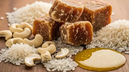 Traditional Indian Dessert Ingredients: Jaggery, Raw Rice, Cashews, and Ghee