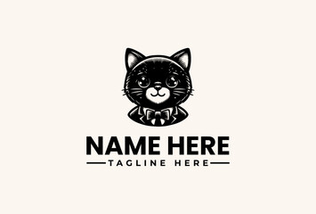 Fototapeta premium Black cat head logo illustration with placeholder text on a beige background, featuring a simple vector design.
