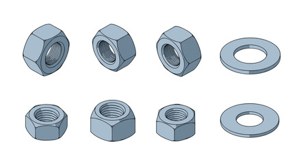 Collection of industrial steel hexagonal nuts and flat circular washers shown from different angles and perspectives in a technical illustration style.