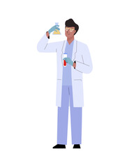 Scientist man in lab coat holding test tube with liquid conducting medical or chemical research or analysis