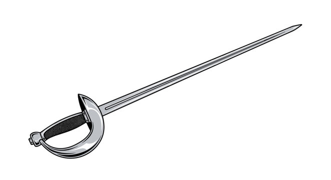 Detailed illustration of a classic rapier sword shows the hilt and long thin blade on a clean white background.