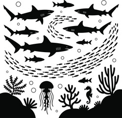 Naklejka premium Black and white of sharks and sea creatures underwater