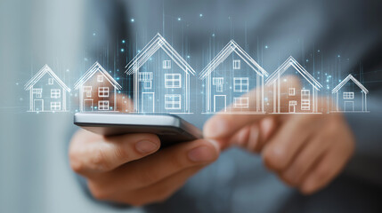 A person uses a smartphone to search for real estate online, highlighting digital home search technology