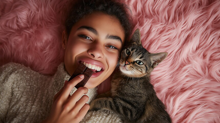 A person smiling on a plush rug cuddling their pet (cat or dog) while eating a small, fancy chocolate