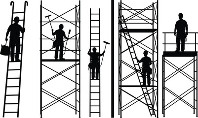 Construction worker silhouettes on ladders and scaffolding performing building maintenance tasks, working at height safely, industrial vector illustration set