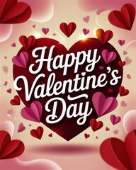 Happy Valentines Day Greeting Card with Large Heart and Surrounding Hearts Design