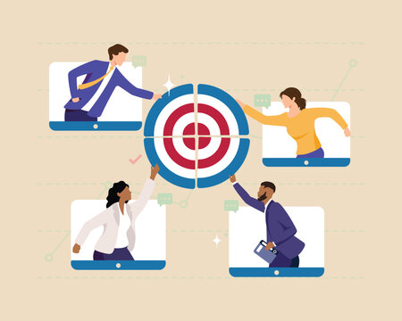 Remote team collaboration target concept, diverse business teamwork achieving common goal editable clipart, online strategy and virtual cooperation vector illustration