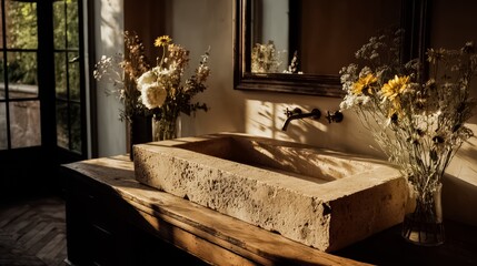Bathroom sink with a mirror above it and a vase of flowers on the counter. The sink is made of stone