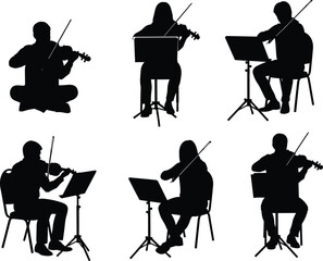Silhouette violinists performing classical music seated with music stands isolated on white background, professional string musicians practicing orchestra rehearsal concept © Bablu