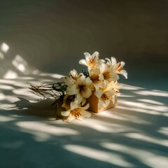 Beautiful arrangement of yellow and white flowers is placed on top of a brown box