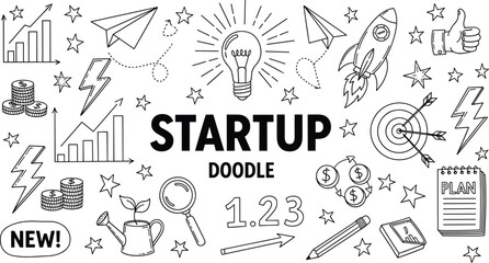 Startup doodle illustration with rockets light bulb charts arrows and business icons isolated on white background hand drawn vector set