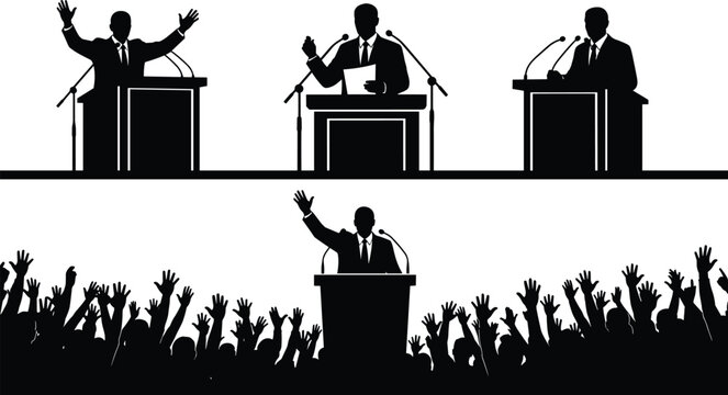 Political speech silhouettes illustrating public speaking leadership election debate podium crowd democracy campaign influence and authority concept in bold black style