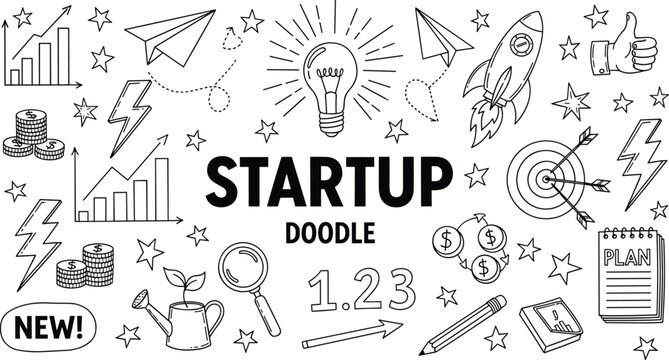 Startup doodle illustration with rockets light bulb charts arrows and business icons isolated on white background hand drawn vector set