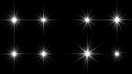 Eight bright white starburst lights on a black background