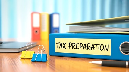 Blue binder clearly labeled Tax Preparation on a wooden office desk with colorful clips