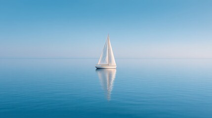 Obraz premium Tranquil Sailing Scene on Glassy Blue Water Under Expansive Sky with Elegant White Boat Reflecting in Calm Sea