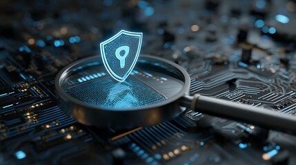 Close-up of a circuit board with a glowing shield, magnifying glass, and blurred blue lights