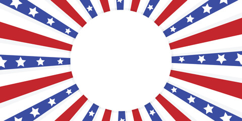 United States flag background. American banner template. Radial strip and star red, blue, and white