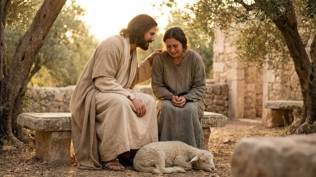 Jesus comforting crying woman with lamb resting nearby. Man offering solace to distressed woman. Biblical scene of compassion.
