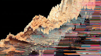 Glitched Abstract Mountainous Form with Textured Surface and Rainbow Streaks