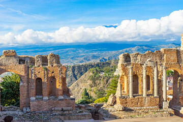 The famous greek Theater of Taormina (Sicily, Italy) at sunrise in the early morning hours