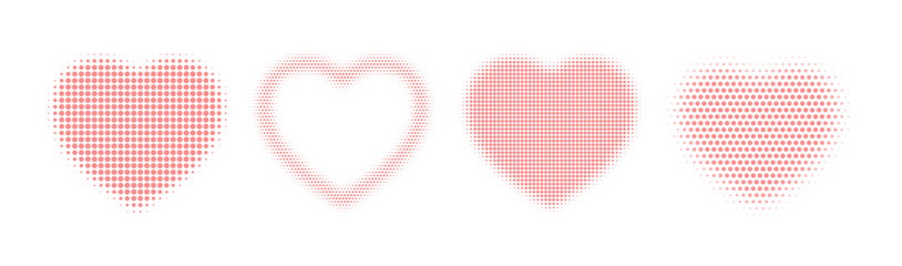 Set of pink halftone heart icons. Vector romantic dot patterns for Valentine's Day, wedding decor. Isolated heart shapes with retro stipple effect on white background.